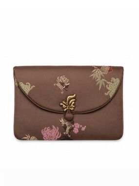 Brown Embroidered Floral Silk Envelope Clutch